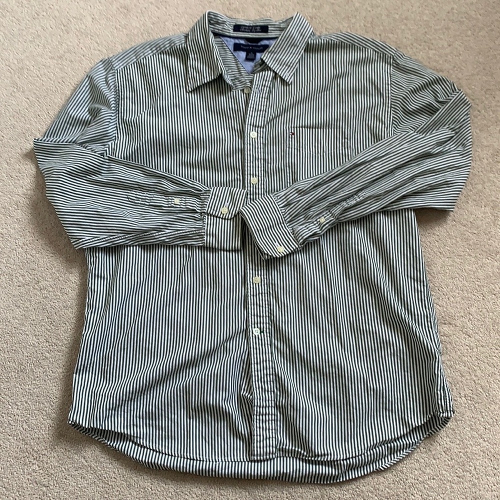 Tommy Hilfiger Dress Shirt Green/White Sz XL EUC